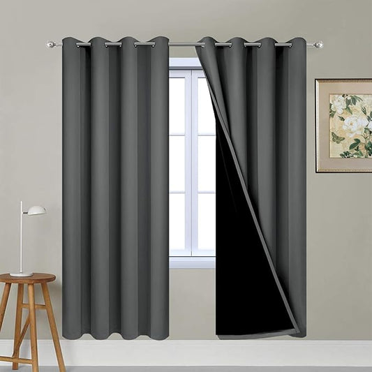 Yakamok 63 Inches Long Dark Gray 100% Blackout Curtains, Noise Reducing Window Drapes,Room Darkening Curtain Panels with Black Liners for Bedroom(Dark Grey, 2 Panels, 52W x 63L)