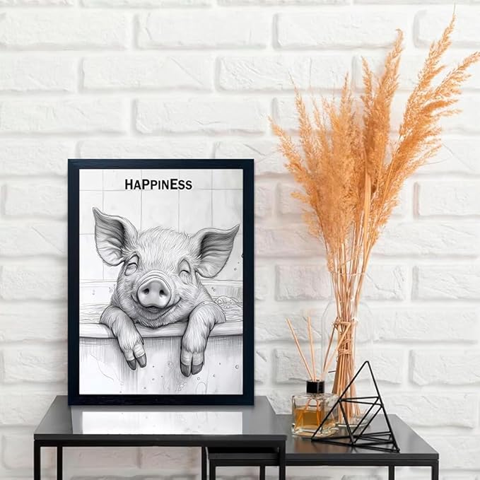 Minimalist Bathroom Wall Decor, Happy Pig Wall Art in Picture Frames, Hilarious, Fun Bathroom Animal Art, Black and White Canvas Prints can be Hung Directly - Frame, 11 "x 14