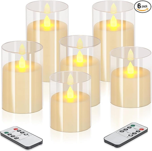 Flameless Candles 4" 5" 6" Acrylic Glass Pillars 3" Diameter Battery Operated Flickering Candles Include Remote with 24Hour Timer Function 400+ Hours by 2 AA Batteries (Pure White, Warm Light 6 Pack)
