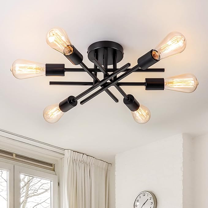 Sputnik Chandeliers, Modern Semi Flush Mount Ceiling Light with E26 Base, Mid Century Industrial Kitchen Farmhouse Light Fixtures for Bedroom Living Room (Black, Ceiling 6 Lights)