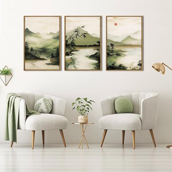 ANHUIB Green Mountain Wall Art Japanese Misty Landscape Wall Decor Foggy Forest Painting 16x24 Inch for Living Room Bedroom Bathroom