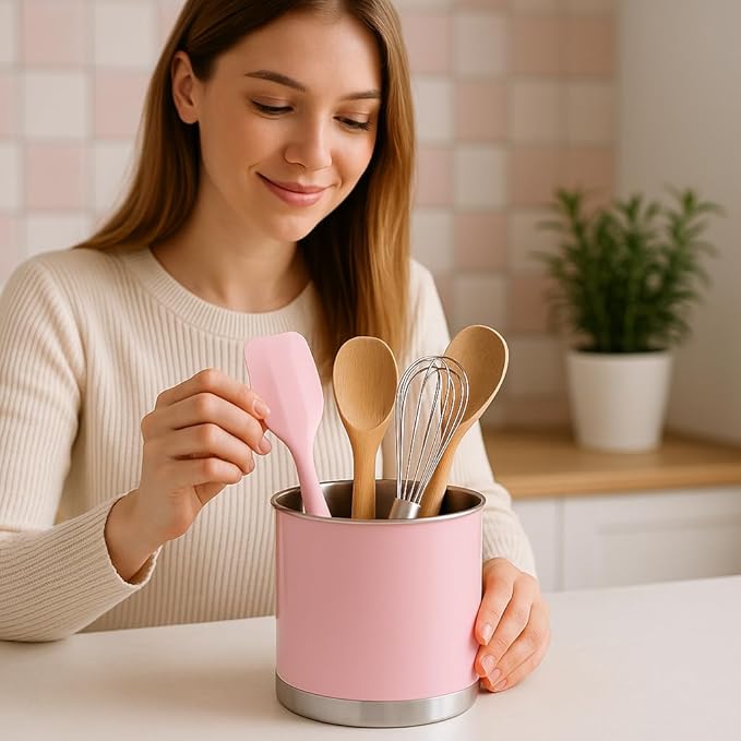 Creative Home Stainless Steel Utensil Holder– 7" Extra Large Cooking Tool Organizer for Kitchen Decor and Countertop Storage, Stable Anti-Tip Design, Durable Powder-Coated Finish, Pink