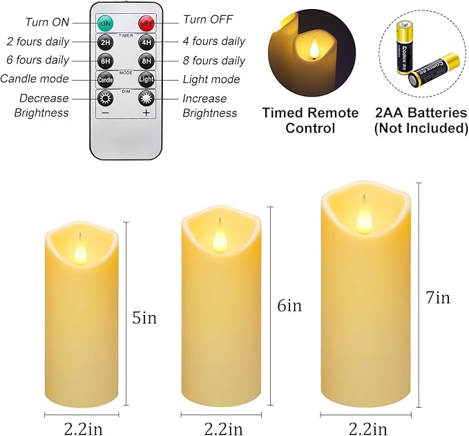 Enido 9 Pc Flickering Flameless LED Candles with Remote Timer for Romantic Ambiance and Home Decoration Battery Operated Pillar with 3D Flame (D: 2.2” x H: 5”, 6”, 7”)