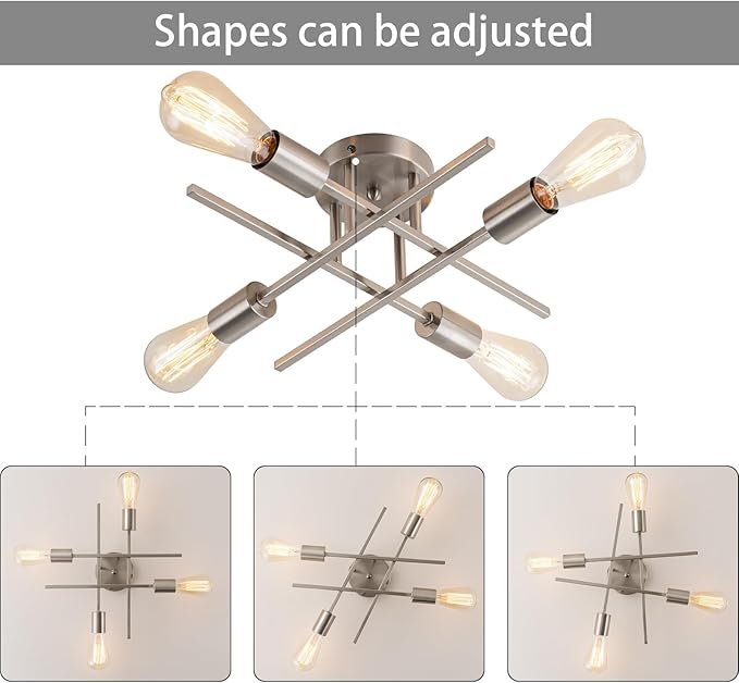 4-Light Modern Sputnik Chandeliers, Silver Mid Century Semi Flush Mount Ceiling Light Fixtures with E26 Base, Industrial Vintage Kitchen Farmhouse Light for Dining Room Bedroom Living Room