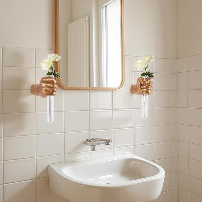 2 Pieces Wall Sculptures, Hands Vase Home Decor, Wall Mount Art Sculpture, Unique Wall Art Statue, Funky Flower Vase Decorations, Modern Eclectic Hanging Decor,Hands Statue (Gold)