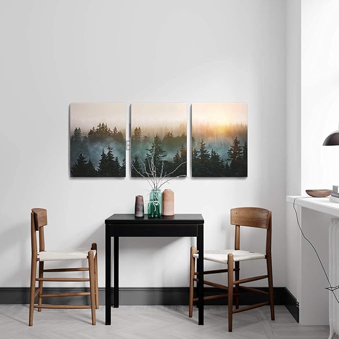 Forest Bathed in Sunlight Canvas Print Picture Painting Wall Art for Bedroom Living Room Framed 3 Piece Artwork Wall Decor for Bathroom Modern Room Plants Wall Decorations Size 12x16x3 Ready to Hang