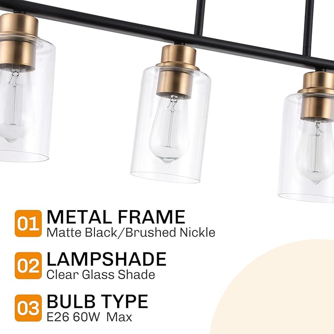 Kitchen Island Light, 5-Light Pendant Lighting, Farmhouse Industrial Dining Room Light Fixtures for Kitchen Island Dining Living Room, Matte Black Gold with Clear Glass Shade