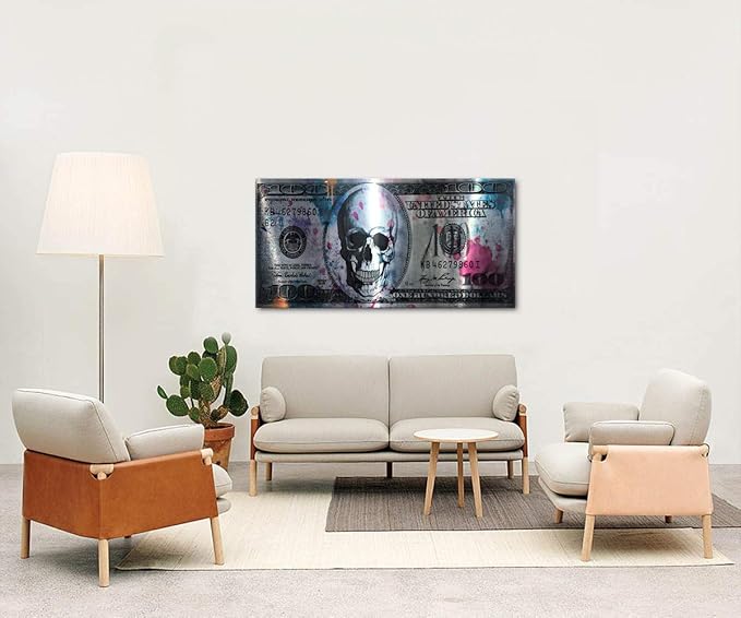 Vintage Artwork for Home Walls Large 100 Dollar Skull Wall Art Black & White Kitchen Pictures Modern Home Decor HD Print Inspirational Framed Art for Bathroom Rest Room Bar Office Wall Decor-40"Wx20"H