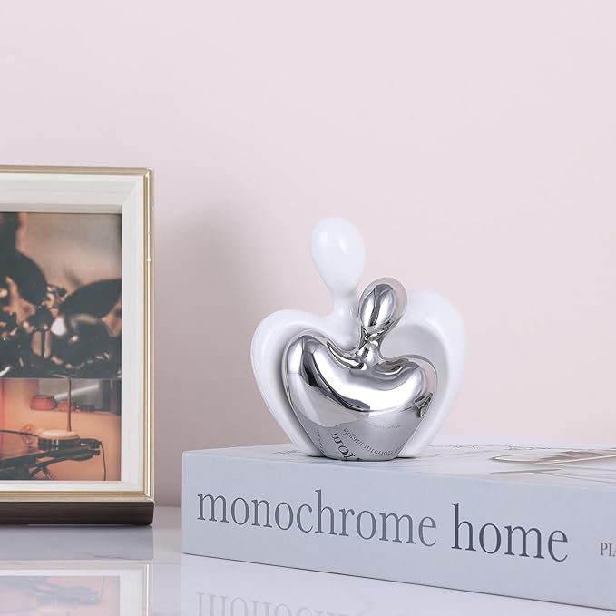White and Silver Mini Ceramic Couple Sculpture, Romantic Love Decorative Statue, Couple, Silver Home Decor, Suitable for Dresser, Bookshelf, Office, Coffee Table Desktop Decoration.