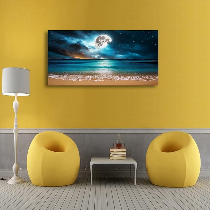 Beach Wall Art Canvas Prints Moon Ocean Landscape Picture Home Decor Natural Seascape Paintings for Living room Bathroom Bedroom Office Kitchen Decorations Modern Artwork Wood Framed 20x40inches