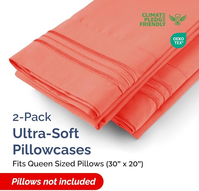 Queen Pillow Cases Set of 2 - Ultra Soft Hotel Quality Pillowcase Covers - Comfy, Cozy & Wrinkle Free - Shrinkage, Stain and Fade Resistant - Machine Washable Pillow Protectors - 2 Piece Set - Coral