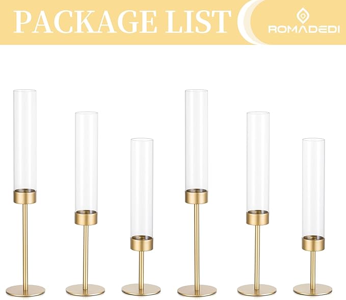 Glass Hurricane Candlestick Holders Gold - Romadedi Set of 6 Taper Candle Holder Bulk Tall Clear Glass Cylinder Table Centerpiece Wedding Decor Party Birthday Christmas Home Decorations