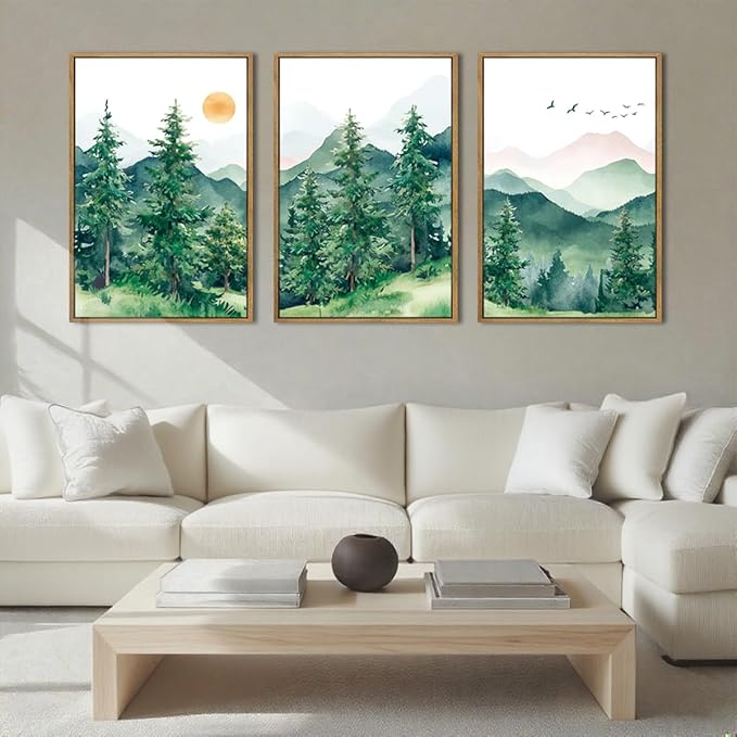 ANHUIB Extra Large Forest Wall Art Green Mountain Wall Decor Set of 3 for Living Room Bedroom Dining Room 24x36 Inch