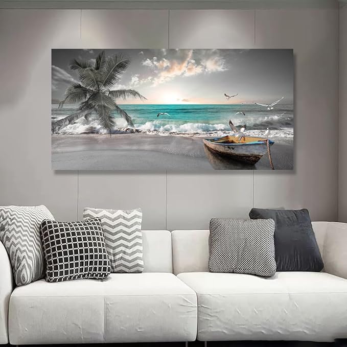 Beach Sea Wave Pictures Canvas Wall Art For Living Room Bedroom Wall Decor,Sea Wave Wall Art Print Paitnings For Home Decor,Morden Artwork Palm Boat Canvas Art Waterproof Ready To Hang-24x48 Inches