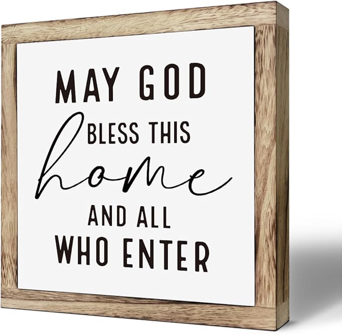 Scripture Sign, May God Bless This Home and All Who Enter Sign, Wooden Plaques Box Signs, Farmhouse Wood Sign, Rustic Home Decor for Front Door Porch Entryway, Table Shelf Desk Decoration