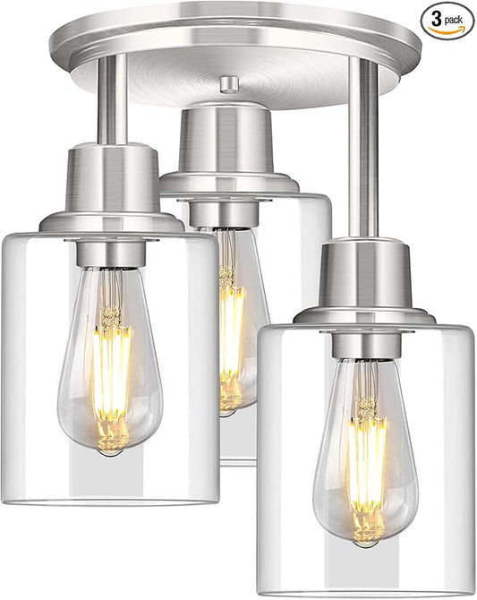 ROTTOGOON Semi Flush Mount Ceiling Light, 3 Light Close to Ceiling Light Fixtures, Brushed Nickel Finish Kitchen Light Fixtures with Clear Glass Shades, Modern Hallway Lights Fixtures Ceiling Mount