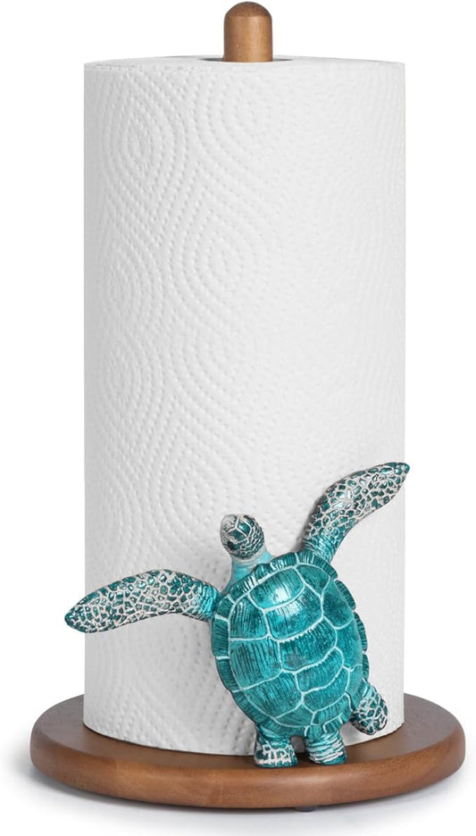 Turtle Paper Towel Holder - Coastal Decor for Home Ocean Decor Beach House Beachy Themed, Sea Turtle Gifts for Women, Cute Decorative Paper Towel Holder Stand Countertop Kitchen Nautical Teal Wood