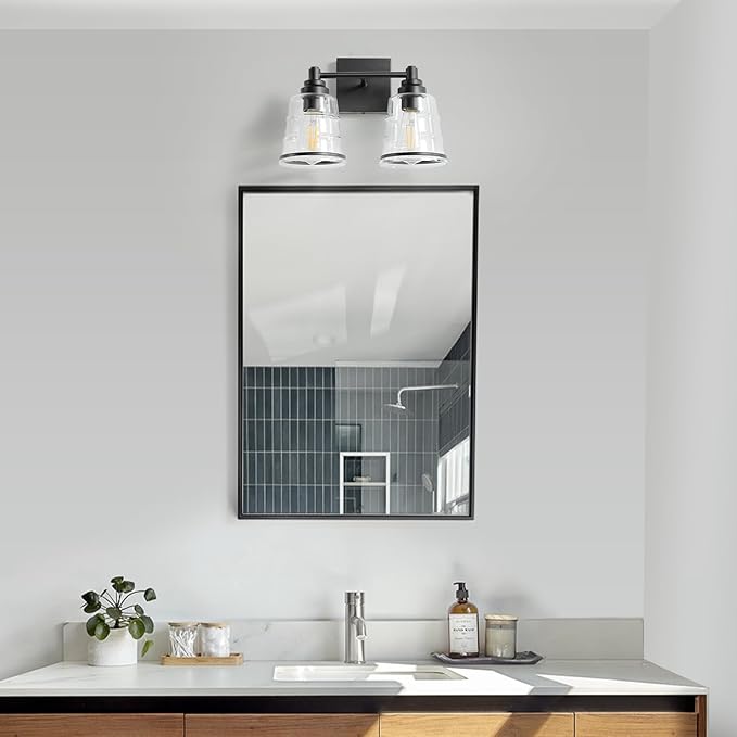Black Bathroom Vanity Light Fixture, 2 Light Bathroom Light Fixtures Over Mirror with Clear Glass Shade and Metal Base Wall Sconce,13.4 inch Modern Vanity Light for Bathroom (Exclude E26 Bulb)