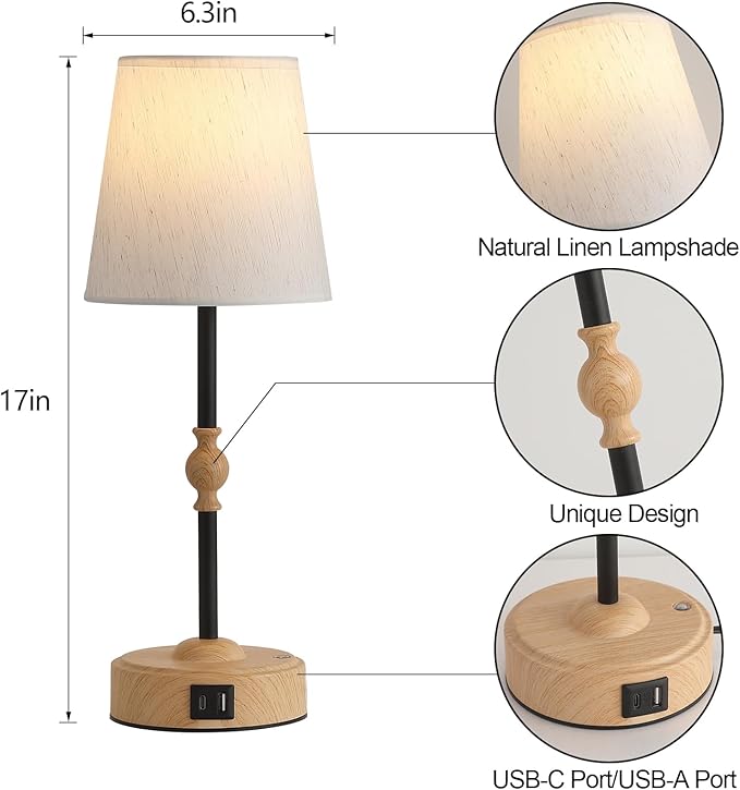 Bedside Table Lamp for Bedroom with 2 USB Charging Ports Minimalist Small Nightstand 3-Way Dimmable Touch Desk Lamp for Living Room Home Office Dorm,LED Bulb Included