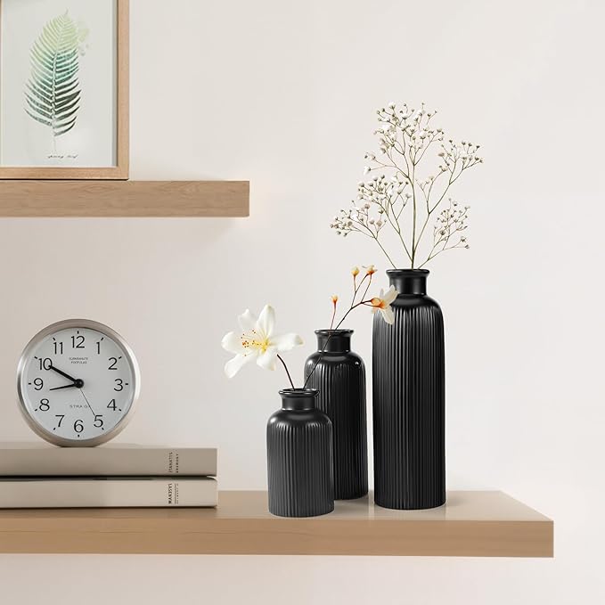 Small Black Ceramic Vase Set of 3, Boho Modern Black Flower Vase Room Decor, Farmhouse Decor, Vases for Your Kitchen, Bathroom, Bedroom, Living Room, Office&Shelf Centerpiece Table Decorations