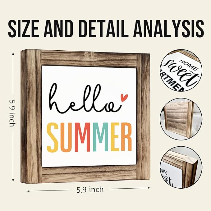 Hello Summer Sign, Wood Box Sign Desk Decor, Front Door Decoration for Shelf, Colorful Summer Decoration Signs for Home, Farmhouse Home Decors, Rustic Tabletop Decor Signs 5.9×5.9inches