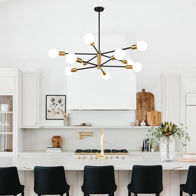 33" Modern Chandelier Ceiling Light Fixture, 10-Light Sputnik Chandeliers Gold and Black Dining Room Light Fixture, Height Adjustable Chandeliers for Dining Room Living Room Kitchen Island
