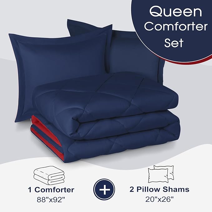 Basic Beyond Queen Navy and Red Comforter Set - 1 Comforter (88"x92") and 2 Pillow Shams (20"x26"+2")