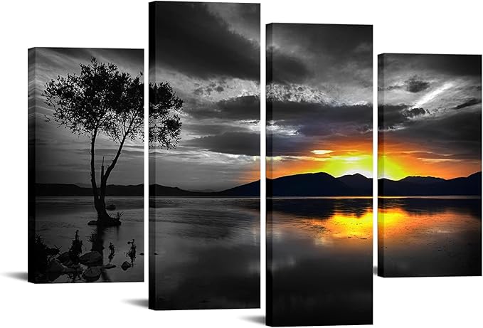 Biuteawal 4 Piece Black and White Wall Art Golden Sunset on Lake Picture Painting Lonely Tree Photo Print on Canvas Nature Landscape Poster Living Room Bedroom Decor Framed Ready to Hang