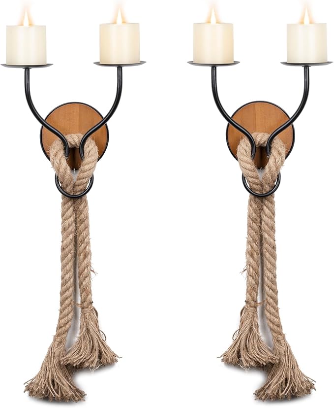 Aimto Wall Sconce Candle Holder Wall-Mount Metal and Wooden Candle Holders Hanging Iron Wall Candle Sconce Holder and use Hemp Rope Decoration,for Home,Living Room, Bathroom, Dining Room, Set of 2