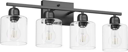 Black Vanity Lights for Bathroom 4 Light, Black Bathroom Light with Clear Glass, Wall Lights for Mirror Living Room Bedroom Hallway E26 Base