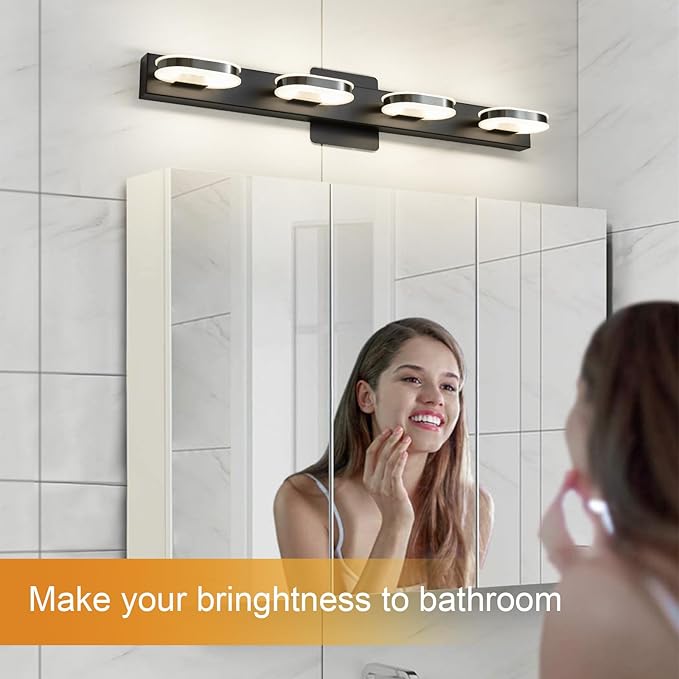 Modern LED 4 Lights Vanity Light for Bathroom Modern Vanity Light Fixture Wall Sconce 26 Inch Natural White Light (Black)