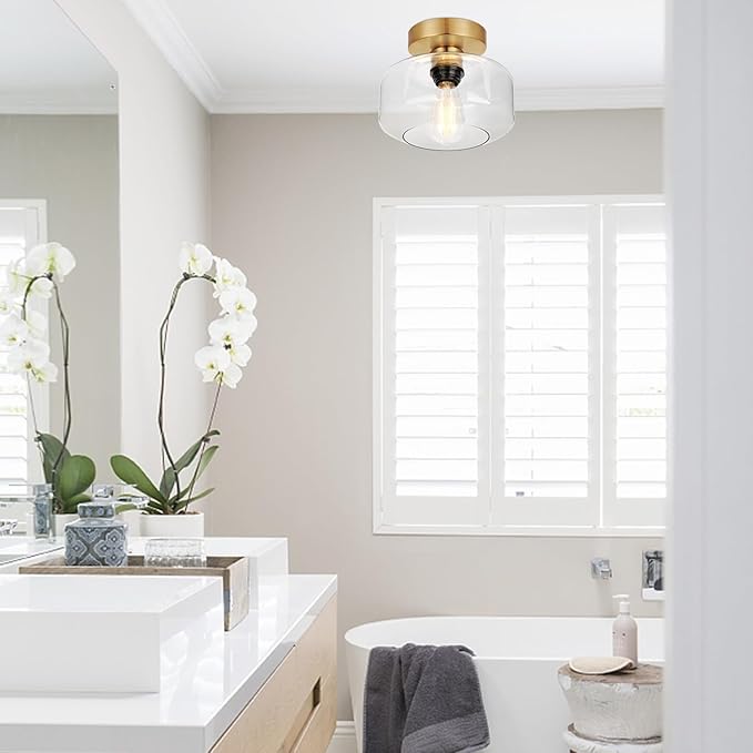 Industrial Semi Flush Mount Ceiling Light Brushed Gold, 800 Lumen LED Bulb Included, Clear Glass Shade Ceiling Light Fixture, Light Fixture for Hallway Bathroom Bedroom, Vintage Hanging Light Fixtures