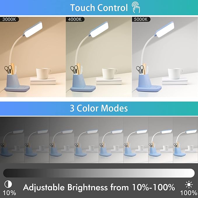 Sailstar Small Desk Lamp, Blue Desk Lamp with Pen Holder, Wireless Charger LED Desk Lamps for Home Office, 800LM Gooseneck 3 Modes Dimmable Touch Cute Desk Lamps, Study Lamps for College Dorm Room
