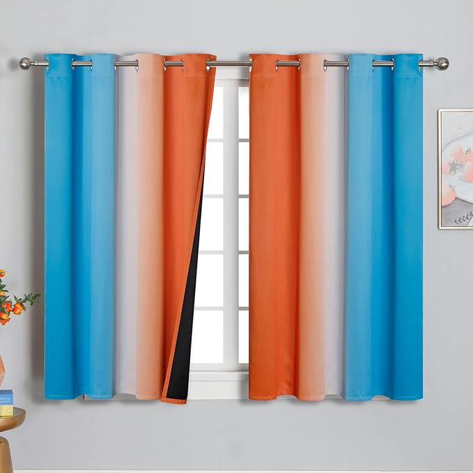 Ombre Orange and Blue Blackout Curtains 45 Inch Length 2 panels, Full Room Darkening Curtains for Bedroom, Thermal Insulated Gradient Drapes, Full Light Blocking Curtains with Grommet, 52x45 Inch