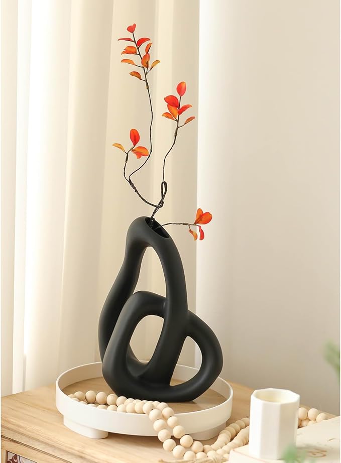 Modern White Ceramic Flower Vases for Home Decor Aesthetic, Boho Decorative Vase for Bouquet Pampas Grass, Living Room Bedroom Kitchen Maximalist Decor (Black)