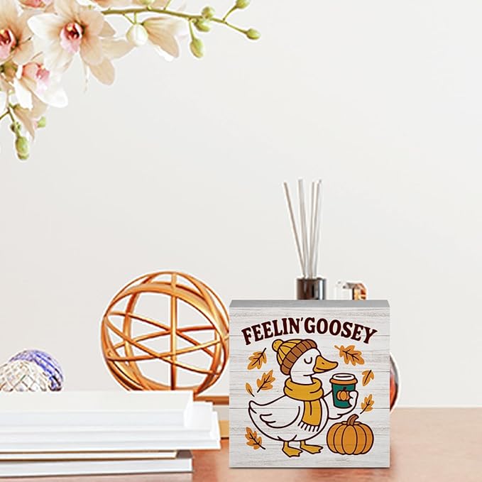 Feelin' Goosey Fall Decorations for Home Office Cute Silly Goose Fall Decor, Autumn Pumpkin Decorations for Bethroom Autumn Goose Gifts for Animals Lovers 5 x 5 inches (Tub 1703)