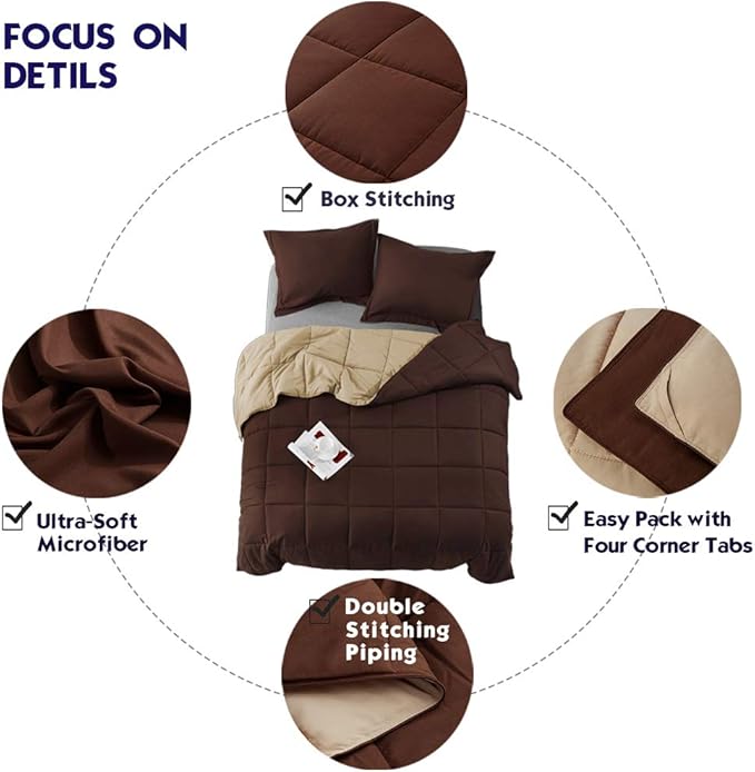 HIG 3pc Down Alternative Comforter Set - All Season Reversible Comforter with Two Shams - Quilted Duvet Insert with Corner Tabs - Box Stitched - Super Soft, Fluffy (Full/Queen, Chocolate)