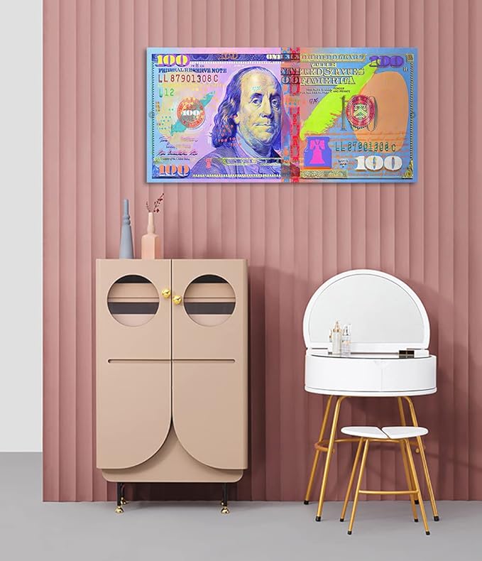 Office Artwork Wall Decor 100 Dollar Money Wall Art Giclee Canvas Paintings Prints Men Canvas Artwork Abstract Creative 100 Bill Art Print for Living Room Bedroom Decor Framed Easy to Hang- 32"Wx16"H