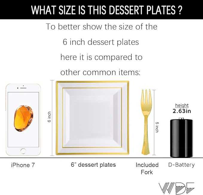 WDF 200PCS Gold Plastic Dessert Plates with Plastic Forks -6” 100 Square Disposable Appetizer Plates Small Plate Cake Plate &100 Gold Small Appetizer Forks for Daily Using Thanksgiving