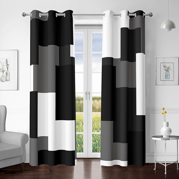 Black Grey 100% Blackout Curtains for Bedroom 96 inch Length 2 Panels Set White Grey Modern Abstract Geometric Black Out Curtains Insulated Room Darkening Window Drapes for Living Room, 42Wx96L