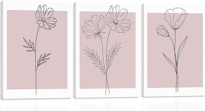 WRFON Pink Line Flower Canvas Wall Art, Light Pink Botanical Aesthetic Pictures, Minimalist Black Line Floral Poster Prints, Abstract Plants Wall Decor for Girls' Room Apartment Framed 12"x16"x3
