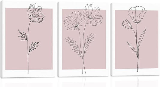 WRFON Pink Line Flower Canvas Wall Art, Light Pink Botanical Aesthetic Pictures, Minimalist Black Line Floral Poster Prints, Abstract Plants Wall Decor for Girls' Room Apartment Framed 12"x16"x3