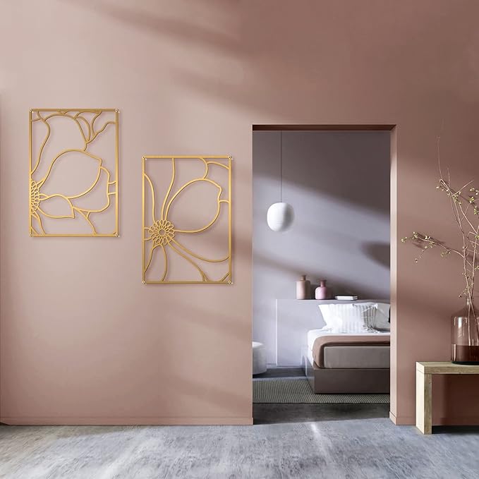 Glamativity Large 4 Pack Gold Wall Art Décor, Flower Minimalist Décor Single Line Art Wall Décor, Real Metal Wall Art, Nature Floral Abstract Wall Art, for Bedroom Living Room Bathroom (Gold Blossom Style, L Size 22.5 x 15.7'')