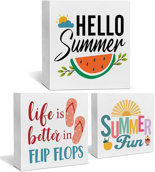 Summer Decor for Home Hello Summer Tiered Tray Decor 3 Pcs Wood Decorative Signs Table Desk Shelf Decoration