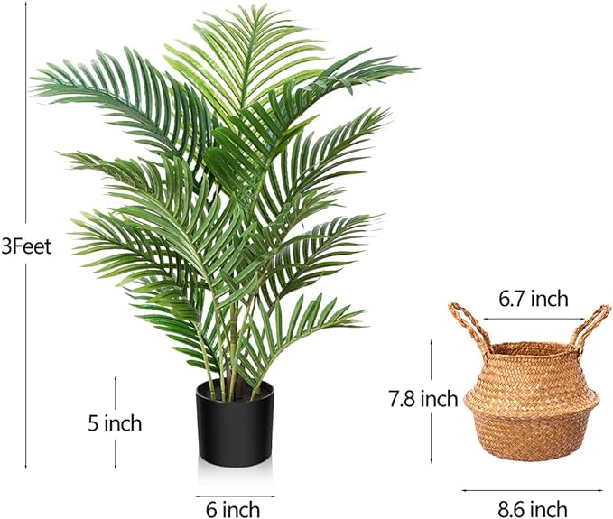 LOMANTO Fake Majesty Palm Plant 3Ft Artificial Plants for Home Decor Indoor Small Faux Trees in Pot Fake Tropical Plants for Housewarming Gift 2Pack