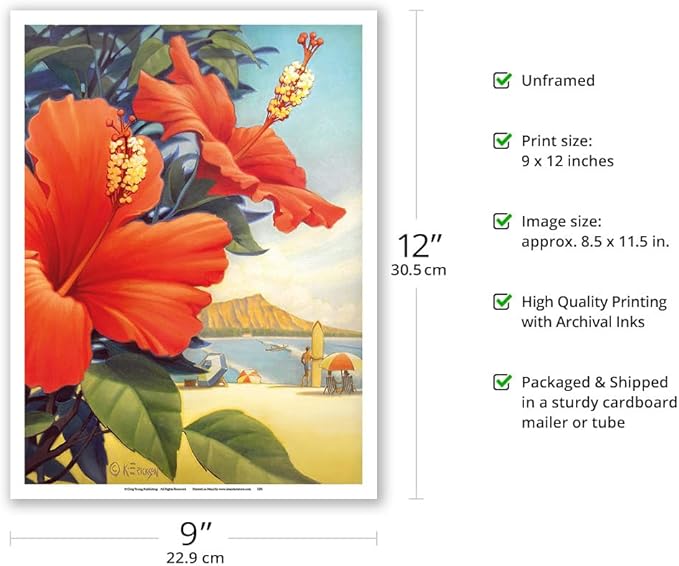 Hibiscus Beach Day - Waikiki Beach - Red Hibiscus - Vintage Hawaiian Travel Poster by Kerne Erickson - Master Art Print (Unframed) 9in x 12in