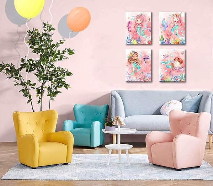 Mermaid Wall Art,Mermaid Pictures Wall Decor,Pink Ocean Canvas Prints Painting,Cute Watercolor Framed Artwork for Bathroom Girls Bedroom Living Room Home Decoration Set of 4(8"X10")