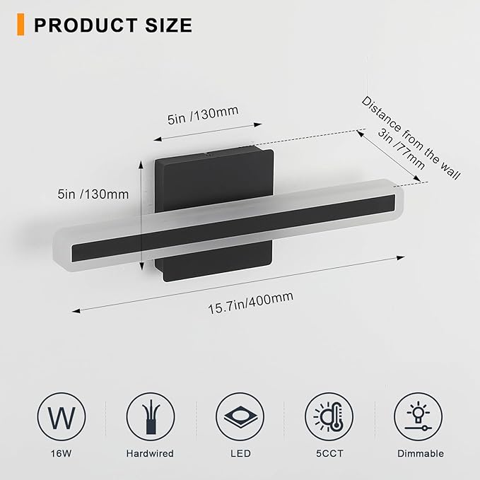 LED Modern Bathroom Vanity Light 15.7 inch 16W Dimmable 5CCT Led Bathroom Light Fixture Over Mirror, Black Bar for Mirror Restroom-ETL Certificated