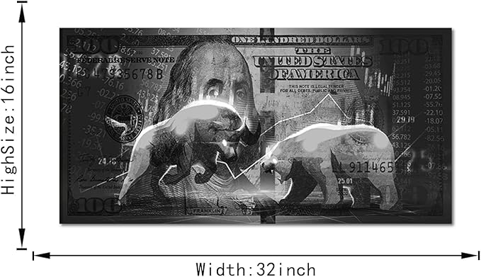 Wall Street Charging Bull Bear Canvas Paintings 100 Dollar Bill Money Poster Wall Art Picture Office Wooden Framed Easy and Ready to Hang-32 inch x 16 inch