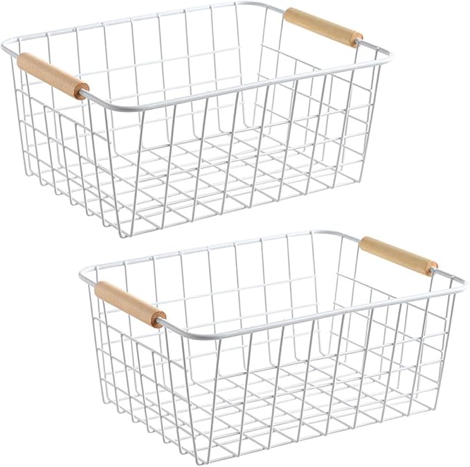 LeleCAT white wire baskets for organizing with Wooden Handles Storage Organizer Baskets, Household snack basket for Cabinets, Pantry, Closets, Bedrooms, pantry organizers and storage - Set of 2（White）
